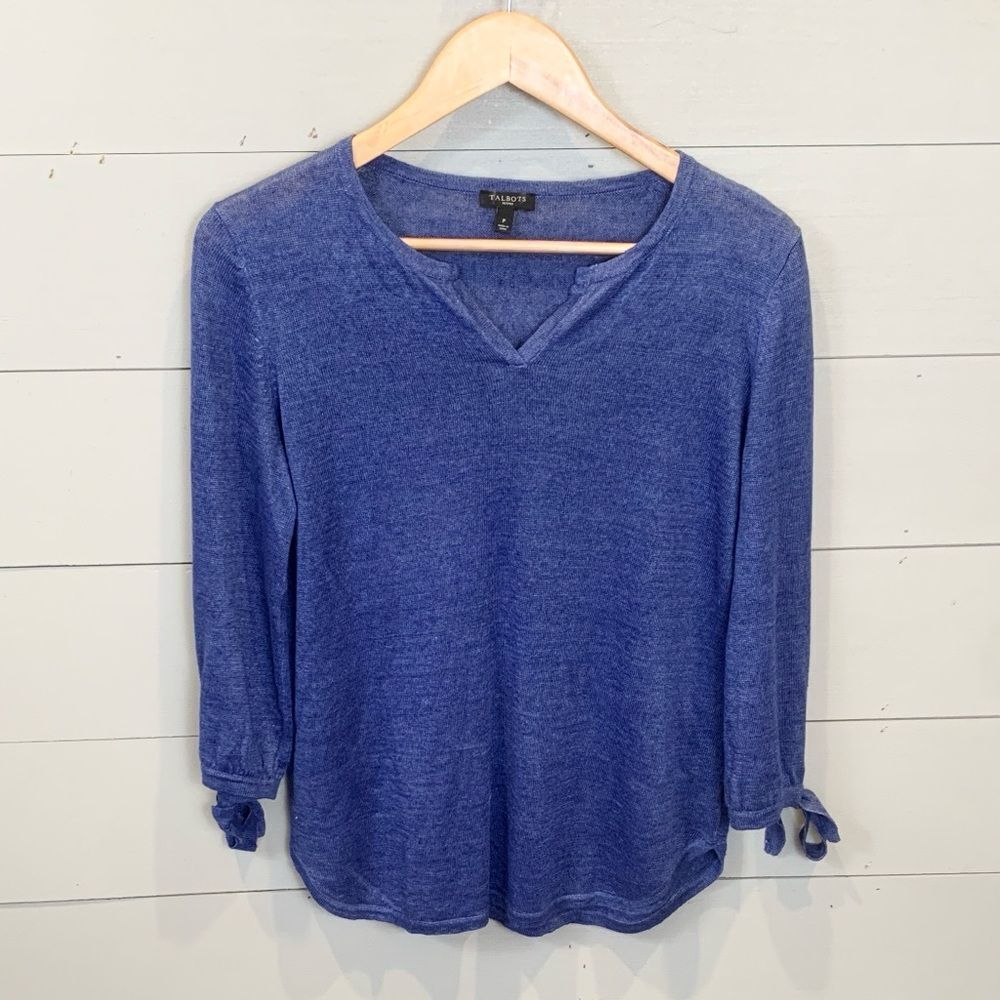 Talbots 100% linen blue V-neck lightweight knit sweater size petite